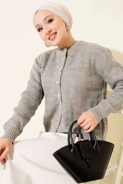 Zikzak Desenli Gold Düğmeli Triko Hırka Gri ürün görseli 1