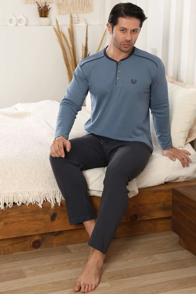 Arma Detaylı Uzun Kollu Erkek Pijama Takımı Mavi - Resim 2