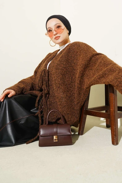 Önü Bağlamalı Keçe Kısa Ceket Kahve ürün görseli 1