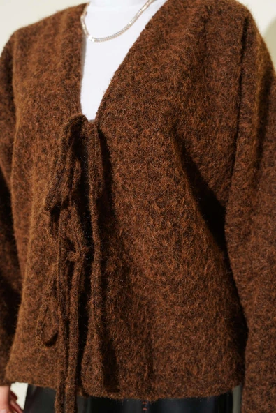 Önü Bağlamalı Keçe Kısa Ceket Kahve - Resim 4