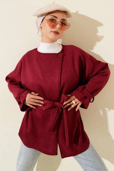 Tek Düğmeli Kuşaklı Süet Ceket Bordo ürün görseli 1