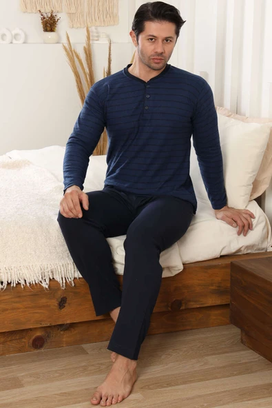 Yatay Çizgili Düğme Detaylı Erkek Pijama Takımı Lacivert ürün görseli 1