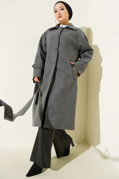 Kuşaklı Düğmeli Kaşe Kaban Füme ürün görseli 1