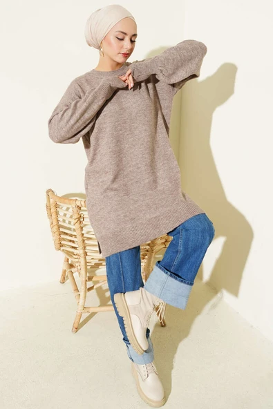 Yan Yırtmaçlı Yumoş Uzun Triko Tunik Vizon - Resim 2