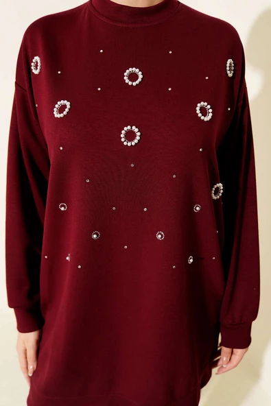 Loyşa Yuvarlak İncili Tunik Bordo - Resim 4