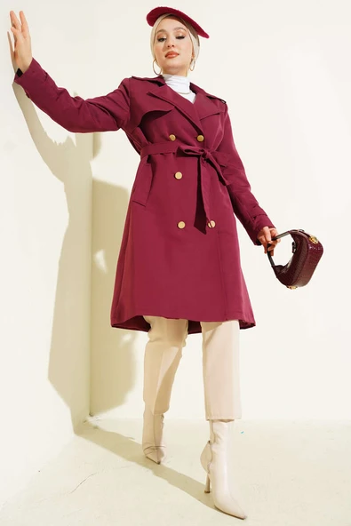 Tek Omuz Apoletli Kruvaze Trençkot Bordo ürün görseli 1