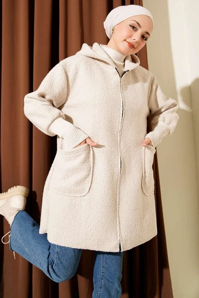 Bilek Ribanalı Kapüşonlu Buklet Hırka Bej ürün görseli 1