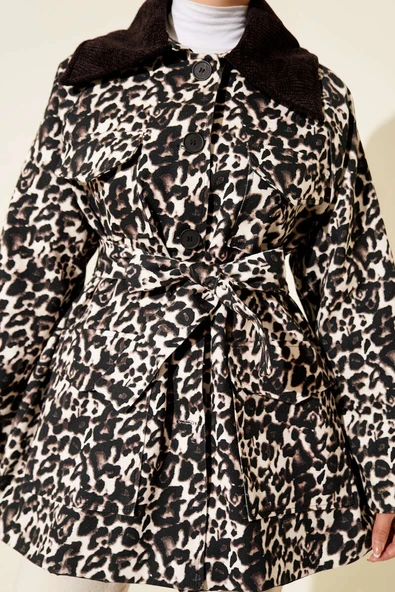 Leopar Desen Kadife Yaka Trençkot Kahve - Resim 4