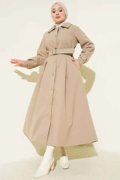 Kemerli Uzun Kaşe Kaban Bej ürün görseli 1