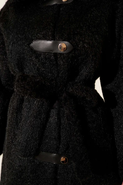 Deri Çıtçıtlı Sakallı Kuşaklı Ceket Siyah - Resim 4