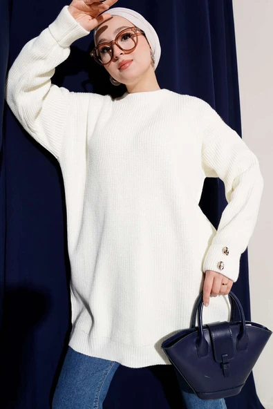 Kol Düğme Detaylı Triko Tunik Ekru ürün görseli 1