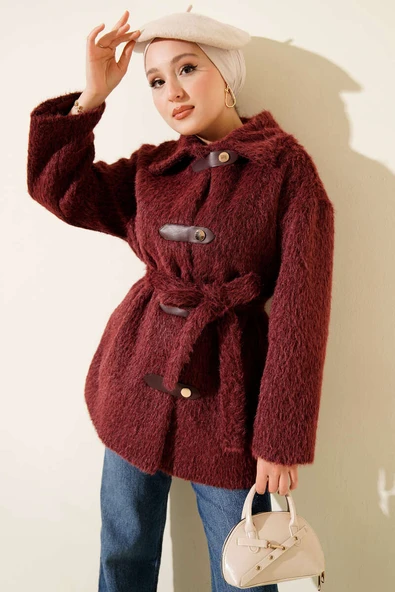 Deri Çıtçıtlı Sakallı Kuşaklı Ceket Bordo ürün görseli 1