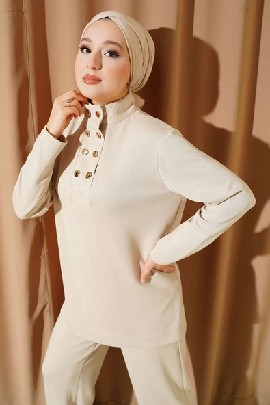 Yaka Gold Düğmeli Loyşa İkili Takım Bej - Resim 2