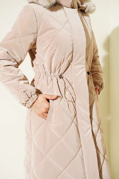 Baklava Kapitone Bel Tünelli Uzun Mont Bej - Resim 4