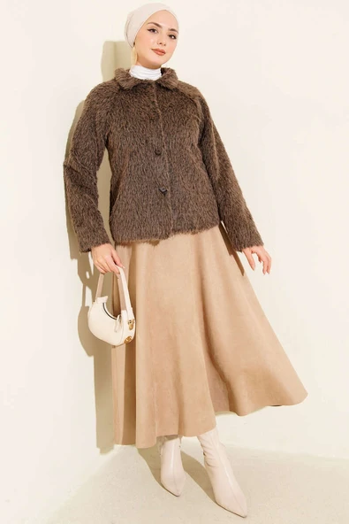 Düğmeli Sakallı Kısa Ceket Kahve - Resim 2