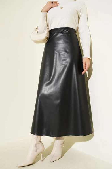 Bel Lastikli Kloş Basic Deri Etek Siyah ürün görseli 1