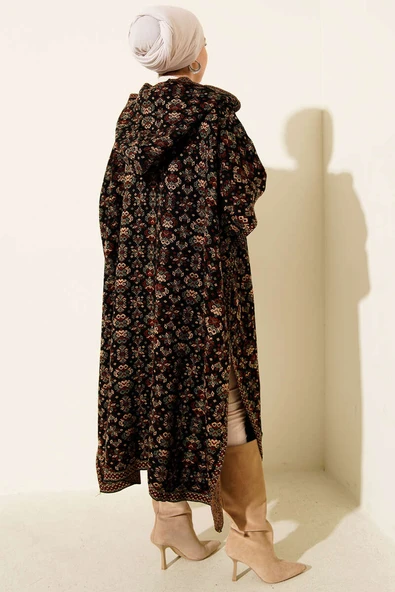 Kilim Desen Kapüşonlu Panço Siyah Kahve - Resim 3