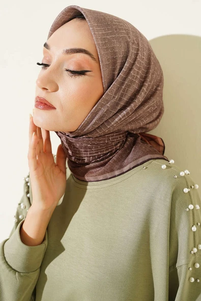 İnce Çizgi Desenli Demore Eşarp Vizon ürün görseli 1