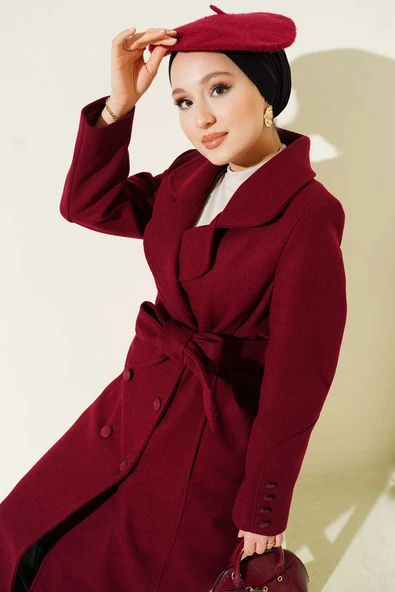 Bilek Düğmeli Kuşaklı Kaşe Kaban Bordo - Resim 2