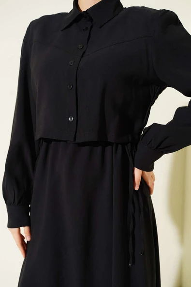 Düğmeli Bel Tünelli Tensel Jile Takım Siyah - Resim 4