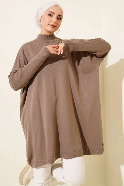 Kol Ribanalı Oversize Triko Tunik Vizon ürün görseli