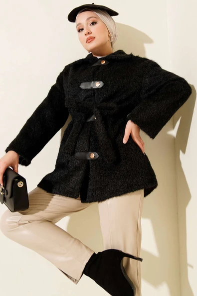 Deri Çıtçıtlı Sakallı Kuşaklı Ceket Siyah ürün görseli 1