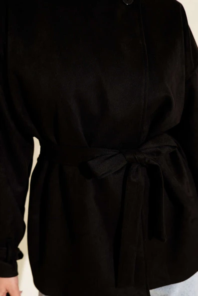 Tek Düğmeli Kuşaklı Süet Ceket Siyah - Resim 4