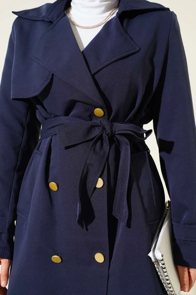Tek Omuz Apoletli Kruvaze Trençkot Lacivert - Resim 4