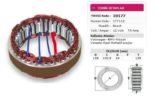 Vag Stator Bosch Tip 12v 75a Volswagen Bmw Nissan Vanetta Opel Muhtelif Araclar Nursan 177112 - Yavuz 10 177 ürün görseli