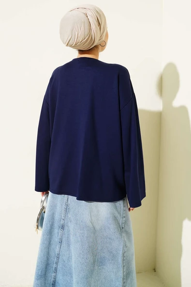 Loyşa Bilek Armalı Basic Bluz Lacivert - Resim 3