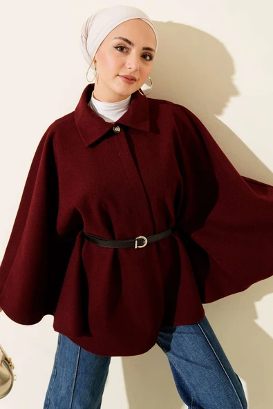 Kemerli Gömlek Yaka Kaşe Panço Bordo ürün görseli 1