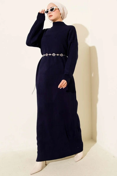 Fitilli Basic Triko Elbise Lacivert ürün görseli 1