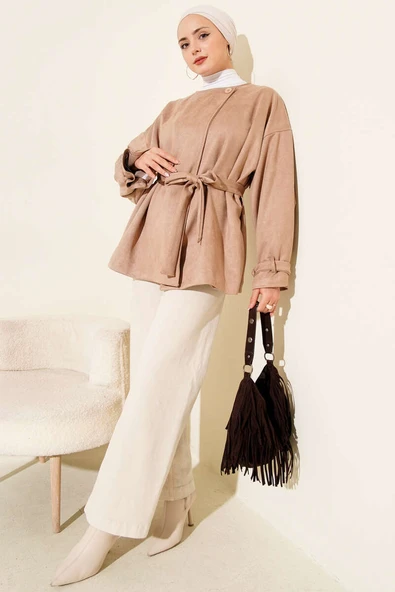 Tek Düğmeli Kuşaklı Süet Ceket Latte - Resim 2