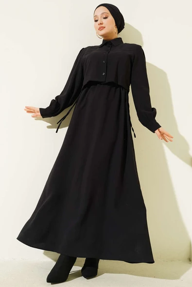 Düğmeli Bel Tünelli Tensel Jile Takım Siyah ürün görseli 1