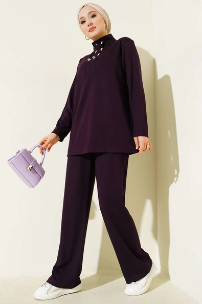 Yaka Gold Düğmeli Loyşa İkili Takım Mor ürün görseli 1