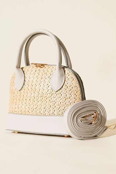 Oval Hasır Detaylı Çanta Gri ürün görseli 1