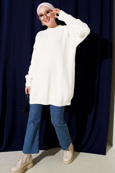 Kol Düğme Detaylı Triko Tunik Ekru - Resim 2