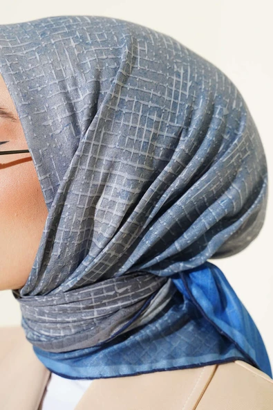 İnce Çizgi Desenli Demore Eşarp İndigo - Resim 4