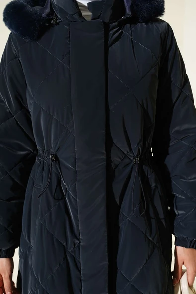 Baklava Kapitone Bel Tünelli Uzun Mont Lacivert - Resim 4