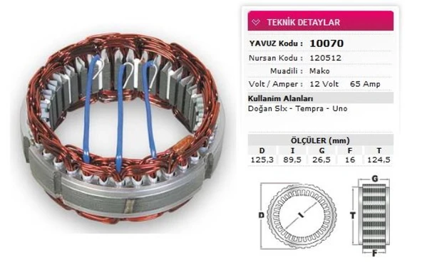 Tofas Stator Mako Tip 12v 65a Dogan Slx Tempra Uno Nursan 120512 - Yavuz 10 070 ürün görseli