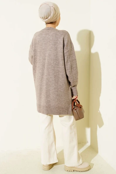 Kare Desenli Yumoş Triko Tunik Vizon - Resim 3