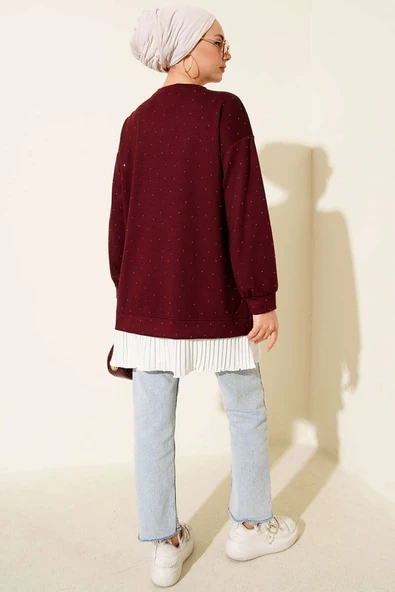 Loyşa Taşlı Piliseli Tunik Bordo - Resim 3