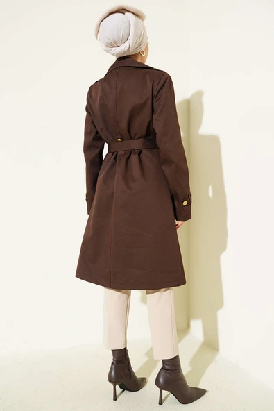 Tek Omuz Apoletli Kruvaze Trençkot Kahve - Resim 3