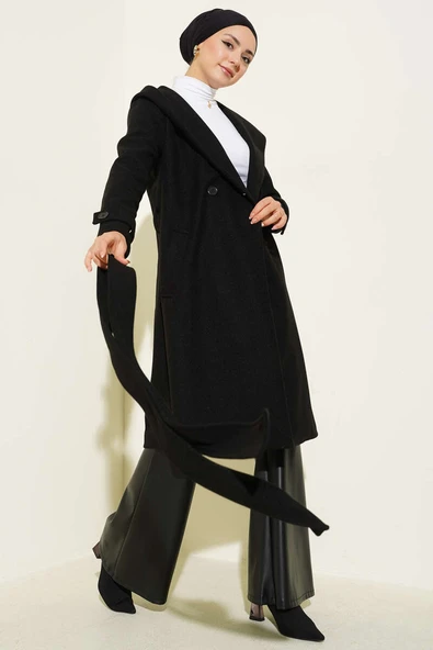 Kapüşonlu Düğmeli Kaşe Kaban Siyah ürün görseli 1