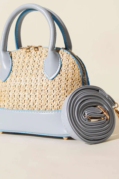 Oval Hasır Detaylı Çanta Bebe Mavi - Resim 3