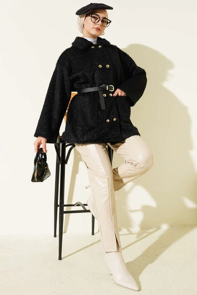 Gold Düğmeli Sakallı Kemerli Ceket Siyah - Resim 2