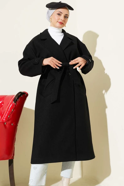 İki Düğmeli Kruvaze Yaka Kaşe Kaban Siyah - Resim 2