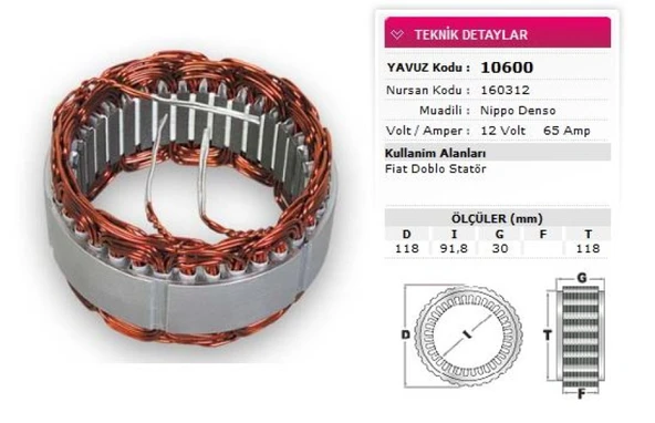 Fiat Stator Denso Tip 12v 65a Fiat Doblo Nursan 160312 - Yavuz 10 600 ürün görseli
