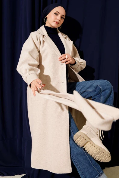 Kruvaze Yaka Kuşaklı Astarlı Kaşe Kaban Bej ürün görseli 1