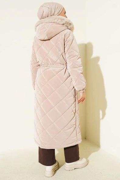 Baklava Kapitone Bel Tünelli Uzun Mont Bej - Resim 3